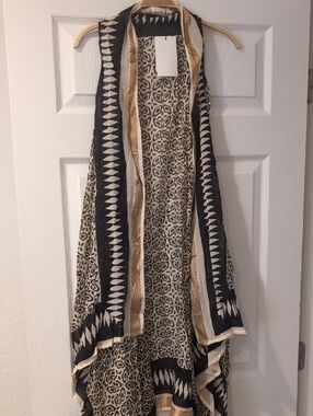 Black & Cream Ikat Pattern Handkerchief Long Vest/ Cover-up NWT